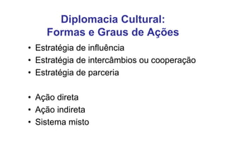 Diplomacia Cultural:
    Formas e Graus de Ações
• Estratégia de influência
• Estratégia de intercâmbios ou cooperação
• Estratégia de parceria

• Ação direta
• Ação indireta
• Sistema misto
 