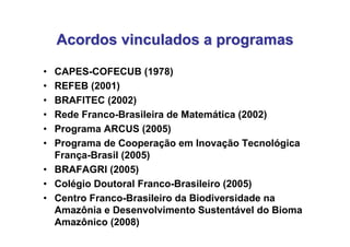 Acordos vinculados a programas

• CAPES-COFECUB (1978)
• REFEB (2001)
• BRAFITEC (2002)
• Rede Franco-Brasileira de Matemática (2002)
• Programa ARCUS (2005)
• Programa de Cooperação em Inovação Tecnológica
  França-Brasil (2005)
• BRAFAGRI (2005)
• Colégio Doutoral Franco-Brasileiro (2005)
• Centro Franco-Brasileiro da Biodiversidade na
  Amazônia e Desenvolvimento Sustentável do Bioma
  Amazônico (2008)
 