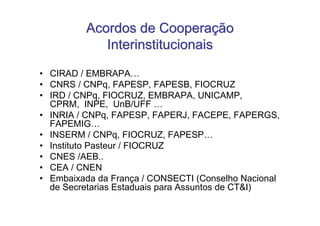 Acordos de Cooperação
            Interinstitucionais

• CIRAD / EMBRAPA…
• CNRS / CNPq, FAPESP, FAPESB, FIOCRUZ
• IRD / CNPq, FIOCRUZ, EMBRAPA, UNICAMP,
  CPRM, INPE, UnB/UFF …
• INRIA / CNPq, FAPESP, FAPERJ, FACEPE, FAPERGS,
  FAPEMIG…
• INSERM / CNPq, FIOCRUZ, FAPESP…
• Instituto Pasteur / FIOCRUZ
• CNES /AEB..
• CEA / CNEN
• Embaixada da França / CONSECTI (Conselho Nacional
  de Secretarias Estaduais para Assuntos de CT&I)
 