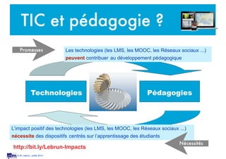© M. Lebrun, Juillet 2014
TIC et pédagogie ?
Technologies Pédagogies
Les technologies (les LMS, les MOOC, les Réseaux soci...