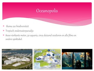  thema zee biodiversiteit
 Tropisch onderwaterparadijs
 8000 vierkante meter, 50 aquaria, circa duizend zeedieren en alle films en
andere spektakel.
Oceanopolis
 