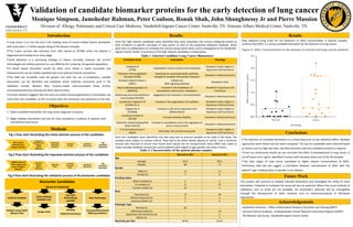 Validation of candidate biomarker proteins for the early detection of lung cancer Monique Simpson, JamshedurRahman, Peter Coulson, RonakShah, John ShaughnessyJrand Pierre Massion Division of  Allergy, Pulmonary and Critical Care Medicine, Vanderbilt-Ingram Cancer Center, Nashville, TN. Veterans Affairs Medical Center, Nashville, TN. Introduction Results Results Data obtained using ELISA for the detection of DKK1 concentration in plasma samples confirms that DKK1 is a strong candidate biomarker for the detection of lung cancer. ,[object Object]