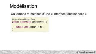Modélisation
Un lambda = instance d’une « interface fonctionnelle »
@FunctionalInterface
public interface Consumer<T> {
public void accept(T t) ;
}

 