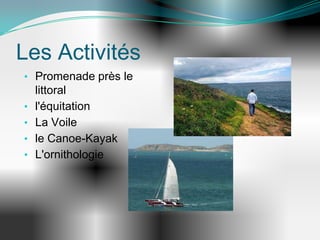 Les Activités
• Promenade près le
    littoral
•   l'équitation
•   La Voile
•   le Canoe-Kayak
•   L'ornithologie
 