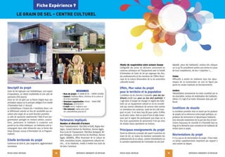 RÉSEAU RURAL BRETAGNE EXPÉRIENCES INNOVANTES EN BRETAGNE
19
Descriptif du projet
Grain de Sel regroupe une médiathèque, une espace
d’expositions, un atelier multimédia et une salle de
spectacles (256 places).
Grain de Sel est géré par la Mairie (régie) mais son
animation repose sur le principe collégial d’un Comité
d’Animation (voir ci-dessus).
La médiathèque s’inspire des « troisièmes lieux » en
se définissant comme un lieu de sociabilité aux vo-
cations plus larges de sa seule fonction première.
La salle de spectacles expérimente l’idée d’une pro-
grammation partagée en invitant artistes, associa-
tions, partenaires et habitants à s’autoriser une
parole sur les choix artistiques. Les habitants sont ac-
compagnés dans cette démarche sous la forme des
Glops (Groupe Locaux d’Orientation de la Program-
mation).
Échelle territoriale du projet
Commune de Séné et, plus largement, agglomération
vannetaise
Partenaires impliqués
Nombre et diversité d’acteurs
Pour l’investissement: État (DGE et DGD), Région Bre-
tagne, Conseil Général du Morbihan, Vannes Agglo.
Pour la vie de l’équipement: État (Drac Bretagne), Ré-
gion Bretagne, Conseil Général du Morbihan, Vannes
Agglo, ADDAV56, Office Municipal de la Culture de
Séné, associations locales, équipements culturels voi-
sins… et les habitants, invités à mettre leur Grain de
Sel dans l’aventure
RÉSEAU RURAL BRETAGNE EXPÉRIENCES INNOVANTES EN BRETAGNE
18
Fiche Expérience 9
LE GRAIN DE SEL • CENTRE CULTUREL
RESSOURCES
• Nom du projet: LE GRAIN DE SEL – CENTRE CULTUREL
• Contact: Matthieu Warin, directeur de la culture et
de la vie associative
• Structure-organisation: Mairie – 56860 SÉNÉ
• Téléphone: 0297665971
• E-mail: warin-m@sene.com
• Site Internet: www.sene.com/
vie-culturelle/liste.php?rp=25
Modes de coopération entre acteurs locaux
Collégialité des prises de décisions concernant les
contenus artistiques de l’équipement avec le Comité
d’Animation de Grain de Sel qui regroupe des élus,
des professionnels et des membres de l’Office Muni-
cipal de la Culture (émanation de la vie associative
culturelle locale).
Effets, Plus-value du projet
pour le territoire et la population
L’ambition est de chercher à travailler avec des ha-
bitants plutôt que pour un (ou des) public(s). Il
s’agit donc d’essayer de changer le regard des habi-
tants sur un équipement culturel en ne les considé-
rant pas comme utilisateurs de services mais comme
co-inventeurs des contenus. Grain de Sel a été inau-
guré en juin. Il est donc trop tôt pour parler d’effets
ou de plus-value. Mais on peut d’ores et déjà remar-
quer que le regard des participants aux Glops sur le
lieu (une quarantaine de personnes) n’est pas celui
de simples futurs spectateurs ou lecteurs.
Principaux enseignements du projet
Parmi les éléments constatés dès avant l’ouverture de
Grain de Sel, on notera les réactions contrastées des
professionnels de la culture, certains bienveillants sur
le caractère expérimental de l’animation du lieu (col-
légialité, place des habitants), certains très critiques
sur ce qu’ils considèrent comme une remise en cause
de leurs compétences, de leur « expertise »…
Freins
Difficultés à mettre les habitants dans des dyna-
miques de co-construction car cela ne figure pas
parmi les modes habituels de fonctionnement.
Leviers
Interpellation permanente du relais constitué par la
vie associative, vecteur de mobilisation des habitants,
même s’il s’agit d’un levier nécessaire mais pas suf-
fisant.
Conditions de réussite
La condition première mise en avant par les porteurs
de projets est la cohérence entre projet politique, as-
pirations des techniciens et dynamiques habitants.
Cela nécessite notamment de la part des élus et tech-
niciens beaucoup de sincérité et d’humilité tout au
long de la démarche pour convaincre les habitants de
rentrer dans le projet.
Réorientations du projet
Il n’y a pas eu de réorientation du projet; il faut noter
un temps supplémentaire important par rapport à
celui estimé au départ.
 