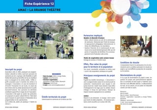 RÉSEAU RURAL BRETAGNE EXPÉRIENCES INNOVANTES EN BRETAGNE
25
Descriptif du projet
Association créée en 2008, proposant une program-
mation culturelle en milieu rural (une quinzaine de
spectacles par an). La grange a été réhabilitée en petit
théâtre (60 places) qui fait office de lieu de répétition
pour la compagnie et les artistes invités. L’AMAC si-
gnifie association pour le maintien des artistes à la
campagne. L’association a le souci de maintenir et
d’enrichir l’économie et la vie locale, en créant des
liens étroits entre les artistes (producteurs) et le public
(consomm’acteurs). Une quinzaine de bénévoles
constituent aujourd’hui le noyau dur de l’association.
L’association a fait appel au soutien des particuliers
en proposant un panier culturel (150 €), l’idée étant
aussi d’associer ces spect’acteurs à l’élaboration de la
programmation et des coproductions.
Sur le même site, atelier arts plastique « l’atelier du
silence ».
Échelle territoriale du projet
Communauté de communes de la Roche aux Fées
RÉSEAU RURAL BRETAGNE EXPÉRIENCES INNOVANTES EN BRETAGNE
24
Fiche Expérience 12
AMAC • LA GRANGE THÉâTRE
Partenaires impliqués
Nombre et diversité d'acteurs
• Acteur culturel reconnu au sein de la communauté
de communes. Partenariat avec l’école de musique,
le regroupement pédagogique intercommunal, le
réseau des bibliothèques, les associations.
• Soutiens financiers de la Communauté de com-
munes et du Conseil Général (ponctuel 2012), qui ont
permis à l’association de bénéficier d’un accompa-
gnement de A3 Production cette année.
Modes de coopération entre acteurs locaux
Échange de services à l’échelle locale
Effets, Plus-value du projet
pour le territoire et la population
Lien social, convivialité, animation en milieu rural
+ accès à des propositions artistiques de qualité
Principaux enseignements du projet
Freins
Fragilité du modèle économique. « Concurrence »
avec la programmation propre de la Communauté de
communes. Investissements pour équiper le site
(achat récent de 2 mobil-home destinés à faire office
d’hébergement et de loges pour les artistes). Besoin
d’élargir le réseau de spect’acteurs. Manque de
moyens humains (polyvalence du comédien).
Leviers
Répond à une demande: la Grange a fait le plein
pour toutes les dates proposées… 18 nouveaux spec-
tacles seront accueillis sur la saison 2012-2013.
Conditions de réussite
L’enracinement local et la permanence de cet enra-
cinement sont la condition principale de réussite du
projet ce qui rend difficile la production de constantes
ou de matrices.
Réorientations du projet
Il n’y a pas de réorientations du projet à noter. Les
porteurs de projets sont particulièrement vigilants
face à la tentation de faire appel à l’extérieur pour
faire face à des difficultés diverses; le détournement
du local, de ses acteurs, de son public est interprété
comme une fuite en avant.
Ressources:
Nom du projet:
Nom du contact: Hervé Monnerais
Structure / organisation: Association La Grange Théâtre,
Beaumont
Téléphone: 0670176368
E-mail: herve.monnerais@wanadoo.fr
Site internet du projet
RESSOURCES
• Nom du projet: AMAC La Grange Théâtre
• Contact: Hervé Monnerais
• Structure-organisation:
Association La Grange Théâtre, Beaumont
• Téléphone: 0670176368
• E-mail: herve.monnerais@wanadoo.fr
 
