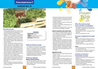 RÉSEAU RURAL BRETAGNE EXPÉRIENCES INNOVANTES EN BRETAGNE
15
Descriptif du projet
• Le projet regroupe 28 producteurs associés au sein
d'une plate-forme destinée à approvisionner la res-
tauration collective en produits biologiques.
• Partenaires: FD CIVAM 35 (appui au lancement de
l'activité et mise à disposition de temps salarié,
jusqu'en 2008), Agrobio 35 (animations pédago-
giques, visites de fermes et contact avec les élus),
Biocoop (complément de gamme, livraisons), pla-
teforme Biocoop, Brigitte Fichaux (diététicienne)
pour les formations.
• Clientèle: Une soixantaine d'établissements de res-
tauration collective, dont une vingtaine de clients
réguliers (commandes hebdomadaires): scolaire
(surtout primaire, mais aussi quelques lycées et col-
lèges), administrations, restaurants d'entreprises,
établissements de santé, quelques traiteurs bio, des
crèches parentales. Les établissements principale-
ment sont localisés sur Rennes Métropole. L'inter-
locuteur principal est en général le cuisinier, mais
peut aussi être un élu ou un gestionnaire.
• Le nombre de couverts est difficile à estimer car il
s’agit de moins en moins de menus entiers bios
proposés (tendance des premières années de fonc-
tionnement) mais d’ingrédients bios proposés ré-
gulièrement.
• En cas de concurrence: lorsqu'il y a des produits si-
milaires, les producteurs s'entendent entre eux pour
la cohérence de l'offre.
Échelle territoriale du projet
• Les producteurs sont localisés en Ille-et-Vilaine,
avec un bassin de consommation relativement im-
portant sur la métropole rennaise qui compte dé-
sormais plus de 400000 habitants et une densité
de population de 4000 habitants au km2
.
• Un partenariat est créé avec la plate-forme Biocoop
qui propose également des produits de l’agriculture
biologique non disponibles localement.
Partenaires impliqués
Nombre et diversité d'acteurs
• 12 producteurs, membres de l'association « le Goût
d'Ici » et 2 producteurs ponctuels qui viennent com-
pléter la gamme si besoin. Ils sont tous du secteur
de Maure de Bretagne.
RÉSEAU RURAL BRETAGNE EXPÉRIENCES INNOVANTES EN BRETAGNE
14
Fiche Expérience 7
MANGER BIO 35
RESSOURCES
• Nom du projet: MANGER BIO 35
• Contact: Sophie Jeannin
• Téléphone: 0299679189 ou 0299770959
• E-mail: mangerbio@wanadoo.fr
• Site Internet: www.repasbio35.fr
• Des groupes de travail sont mis en place par type de
produits qui réfléchissent notamment sur l'offre et
la cohérence des prix. Ils échangent également sur
des aspects techniques.
• Modalités d'adhésion: respect de la charte interne
et certification biologique.
• Partenaires: Accueil Paysan 35 (notamment lors de
la création en 2008).
• La clientèle est essentiellement locale, issue des
cantons de Maure de Bretagne et de Guichen.
Modes de coopération entre acteurs locaux
• Le GIE se réunit en assemblée générale 3 à 4 fois par
an. Les décisions sont prises de façon collégiale. Le
bureau, composé de 4 producteurs à 7 producteurs,
n'est pas fréquemment renouvelé.
• Moyens matériels pour la vente: Plate-forme de
groupage-dégroupage
• Logistique: Les menus des collectivités sont consti-
tués prioritairement et majoritairement de produits
locaux des producteurs de Manger Bio 35 et com-
plétés grâce à un partenariat avec Biocap (plate-
forme des coopératives Biocoops), notamment pour
les produits d'épicerie. Les producteurs livrent eux-
mêmes leurs produits, soit directement à l'établis-
sement, soit à la plate-forme Biocap lorsque celle-ci
est sollicitée.
Répartition des rôles
• Producteurs: Livraison, animation pendant les repas
de temps en temps.
• Salariées: 2 salariées sont embauchées par le grou-
pement. (1.5 ETP)
• L'une est chargée de l'animation du groupe, de la
structuration de l’offre, de la sensibilisation des ac-
teurs et du suivi de la vente, du lien entre les pro-
ducteurs et les clients, ainsi que du conseil aux
clients; l'autre se charge de l'assistance comptable
et commerciale.
Effets, Plus-value du projet
pour le territoire et la population
• Sensibilisation du jeune public à l'agriculture, l'en-
vironnement, la qualité de l'eau, la santé et l'im-
portance de l'alimentation.
• Conseil individuel au client, accompagnement des
collectivités
• Respect de la saisonnalité et du local
Principaux enseignements du projet
Freins
• La part du chiffre d'affaires de Manger Bio 35 est va-
riable selon les produits et l’engagement sur la
durée (avec d’éventuels contrats) de la part de col-
lectivités reste faible.
• La communication est encore jugée insuffisante.
Leviers
• Contexte territorial favorable: demande importante
dans la périphérie Rennaise
• La création du GIE a contribué à l'installation de
jeunes producteurs en agriculture biologique.
Conditions de réussite et
réorientations du projet
• Contribuer à l’installation de 2 ou 3 producteurs bio-
logiques par an.
• Renforcer la régularité des approvisionnements et
le nombre de collectivités approvisionnées.
• Accroître les moyens humains du GIE afin de répon-
dre aux nouvelles demandes.
• Travailler sur la maîtrise des coûts des repas.
 