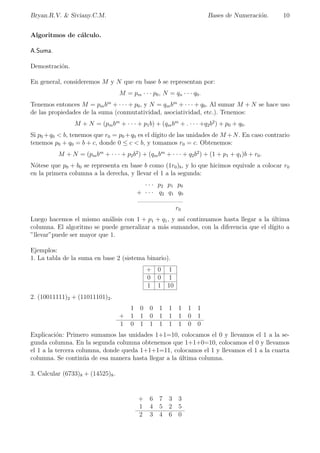 Bryan.R.V.  Siviany.C.M. Bases de Numeracion. 5 
Sistemas de numeracion. 
Cualquier sistema consta fundamentalmente de una serie de elementos que lo conforman, una 
serie de reglas que permite establecer operaciones y relaciones entre tales elementos. 
Puede decirse que un sistema de numeracion es el conjunto ordenado de elementos (smbo-los 
o dgitos o numeros), operaciones y relaciones que por intermedio de reglas propias permite 
establecer el papel de tales relaciones y operaciones, las reglas se combinan para representar 
cantidades numericas. 
Bases de numeracion. 
Base de un sistema numerico. La base de un sistema numerico es el numero de dgitos di-ferentes 
usados en ese sistema. 
Existen diferentes sistemas numericos, cada uno de ellos se identi 