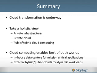 • Cloud transformation is underway
• Take a holistic view
– Private infrastructure
– Private cloud
– Public/hybrid cloud computing
• Cloud computing enables best of both worlds
– In-house data centers for mission critical applications
– External hybrid/public clouds for dynamic workloads
Summary
 