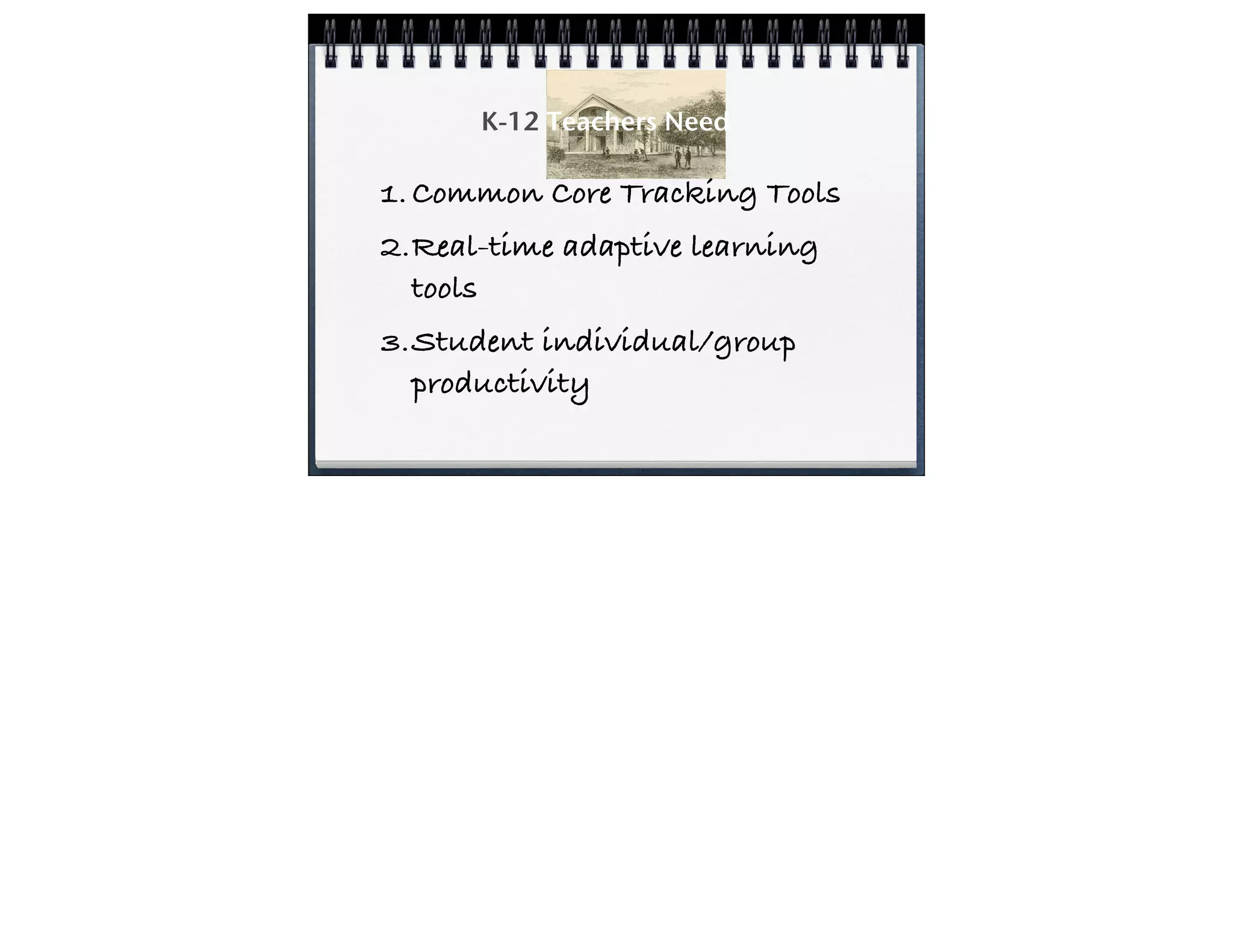 K-12 Teachers Need
1. Common Core Tracking Tools
2. Real-time adaptive learning
tools
3. Student individual/group
productivity