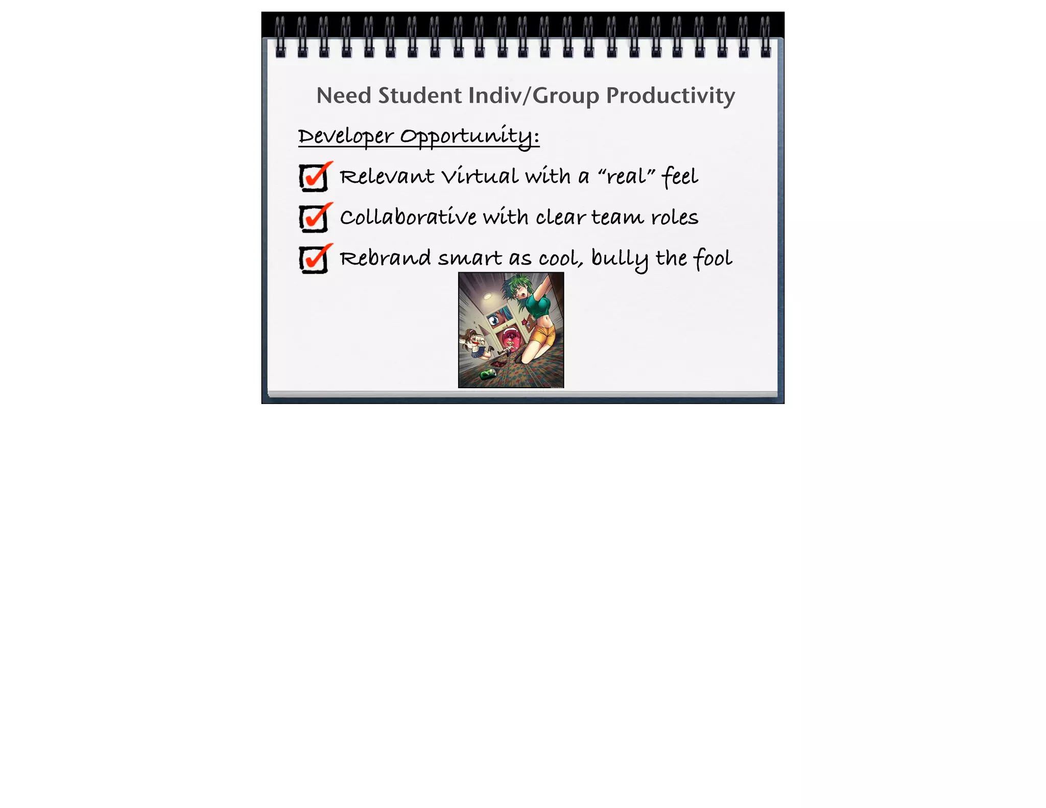 Need Student Indiv/Group Productivity
Developer Opportunity:
Relevant Virtual with a “real” feel
Collaborative with clear team roles
Rebrand smart as cool, bully the fool