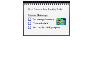Need Common Core Tracking Tools

Teacher Challenge:
Too many students
To much data
No time to track progress

 