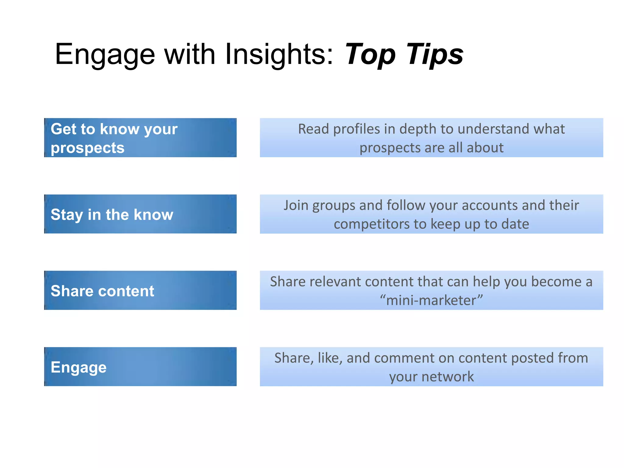 Engage with Insights: Top Tips
Engage
Share, like, and comment on content posted from
your network
Stay in the know
Join groups and follow your accounts and their
competitors to keep up to date
Share content
Share relevant content that can help you become a
“mini-marketer”
Get to know your
prospects
Read profiles in depth to understand what
prospects are all about
 