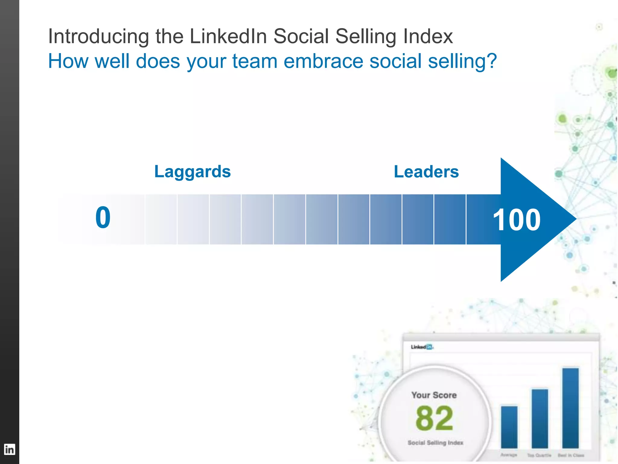 Introducing the LinkedIn Social Selling Index
How well does your team embrace social selling?
1000
LeadersLaggards
 