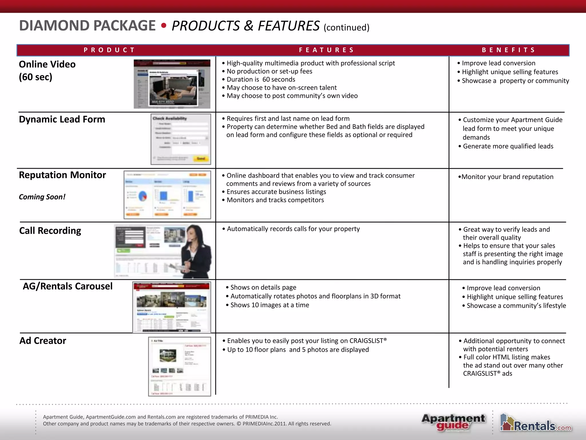 DIAMOND PACKAGE • PRODUCTS & FEATURES (continued)
                      P R O D U C T                                                                           F E AT U R E S                                B E N E F I T S

Online Video                                                                   • High-quality multimedia product with professional script           • Improve lead conversion
                                                                               • No production or set-up fees                                       • Highlight unique selling features
(60 sec)                                                                       • Duration is 60 seconds                                             • Showcase a property or community
                                                                               • May choose to have on-screen talent
                                                                               • May choose to post community’s own video


Dynamic Lead Form                                                              • Requires first and last name on lead form                          • Customize your Apartment Guide
                                                                               • Property can determine whether Bed and Bath fields are displayed     lead form to meet your unique
                                                                                 on lead form and configure these fields as optional or required      demands
                                                                                                                                                    • Generate more qualified leads



Reputation Monitor                                                             • Online dashboard that enables you to view and track consumer       •Monitor your brand reputation
                                                                                 comments and reviews from a variety of sources
                                                                               • Ensures accurate business listings
Coming Soon!                                                                   • Monitors and tracks competitors



Call Recording                                                                 • Automatically records calls for your property                      • Great way to verify leads and
                                                                                                                                                      their overall quality
                                                                                                                                                    • Helps to ensure that your sales
                                                                                                                                                      staff is presenting the right image
                                                                                                                                                      and is handling inquiries properly


 AG/Rentals Carousel                                                            • Shows on details page                                              • Improve lead conversion
                                                                                • Automatically rotates photos and floorplans in 3D format           • Highlight unique selling features
                                                                                • Shows 10 images at a time                                          • Showcase a community’s lifestyle



Ad Creator                                                                     • Enables you to easily post your listing on CRAIGSLIST®             • Additional opportunity to connect
                                                                               • Up to 10 floor plans and 5 photos are displayed                      with potential renters
                                                                                                                                                    • Full color HTML listing makes
                                                                                                                                                      the ad stand out over many other
                                                                                                                                                      CRAIGSLIST® ads




      Apartment Guide, ApartmentGuide.com and Rentals.com are registered trademarks of PRIMEDIA Inc.
      Other company and product names may be trademarks of their respective owners. © PRIMEDIAInc.2011. All rights reserved.
 