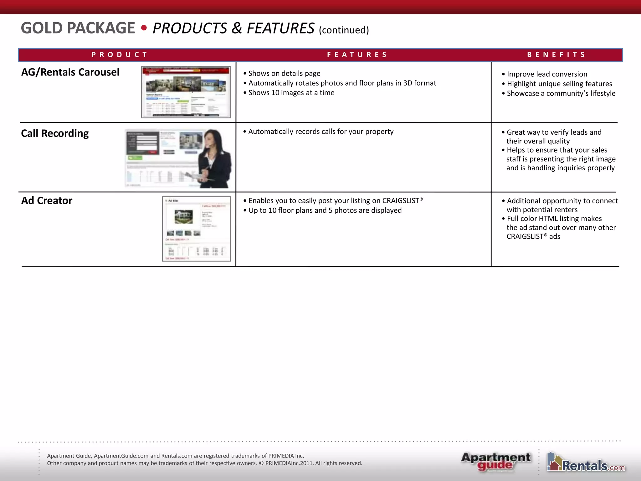 GOLD PACKAGE • PRODUCTS & FEATURES (continued)
                     P R O D U C T                                                                           F E AT U R E S                         B E N E F I T S

AG/Rentals Carousel                                                           • Shows on details page                                       • Improve lead conversion
                                                                              • Automatically rotates photos and floor plans in 3D format   • Highlight unique selling features
                                                                              • Shows 10 images at a time                                   • Showcase a community’s lifestyle




Call Recording                                                                • Automatically records calls for your property               • Great way to verify leads and
                                                                                                                                              their overall quality
                                                                                                                                            • Helps to ensure that your sales
                                                                                                                                              staff is presenting the right image
                                                                                                                                              and is handling inquiries properly



Ad Creator                                                                    • Enables you to easily post your listing on CRAIGSLIST®      • Additional opportunity to connect
                                                                              • Up to 10 floor plans and 5 photos are displayed               with potential renters
                                                                                                                                            • Full color HTML listing makes
                                                                                                                                              the ad stand out over many other
                                                                                                                                              CRAIGSLIST® ads




     Apartment Guide, ApartmentGuide.com and Rentals.com are registered trademarks of PRIMEDIA Inc.
     Other company and product names may be trademarks of their respective owners. © PRIMEDIAInc.2011. All rights reserved.
 