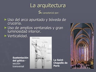 La arquitectura  s e caracterizó por: Uso del arco apuntado y bóveda de crucería. Uso de amplios ventanales y gran luminosidad interior. Verticalidad. La Saint Chapelle de Paris Sustentación del gótico  - sección transversal 
