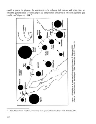 creció a pasos de gigante. La resistencia a la reforma del sistema del ejido fue, no
obstante, generalizada y varios grupos de campesinos apoyaron la rebelión zapatista que
estalló en Chiapas en 1994138.

138

J. Nash, Mayan Vìsion. The Quest ƒor Autonomy in an Age of Globalization, Nueva York, Routledge, 2001.

110

 