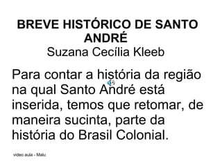 BREVE HISTÓRICO DE SANTO ANDRÉ  Suzana Cecília Kleeb  Para contar a história da região na qual Santo André está inserida, temos que retomar, de maneira sucinta, parte da história do Brasil Colonial.  