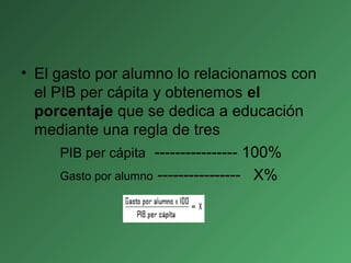 • El gasto por alumno lo relacionamos con
el PIB per cápita y obtenemos el
porcentaje que se dedica a educación
mediante una regla de tres
PIB per cápita ---------------- 100%
Gasto por alumno ---------------- X%
 