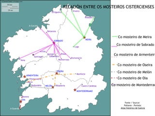 RELACIÓN ENTRE OS MOSTEIROS CISTERCIENSES
                                                 Ortigueira
                                                           .          Viveiro

                                                                                  Ribadeo    .
                         A Coruña

                                             Betanzos

                                                                                                    Co mosteiro de Meira
                                                                                     MEIRA
                                                    SOBRADO

                                                                       Lugo
                                                                                                   Co mosteiro de Sobrado
                                    Arzúa   . Melide.. .Palas
                                                                                                  Co mosteiro de Armenteira
           Noia
                              Santiago          Leboreiro
                                                           .
                                                         Monterroso
                                                                    .Portomarín
                                                                                                    Co mosteiro de Oseira
                                                        OSEIRA
                                                                          Monforte
                                                                                                    Co mosteiro de Melón
                     ARMENTEIRA
                       Pontevedra                                                                   Co mosteiro de Oia
                     .
                     Marín
                                                                                . Caldelas
                          .Redondela     MELÓN      . Ribadavia                 Castro           Co mosteiro de Montederram
                                                                          MONTEDERRAMO

               .Baiona
               OIA
                                                                                                          Fonte / Source:
                                                                                                         Pallares - Portela:
A Guarda   .                                                                                          Atlas histórico de Galicia
 