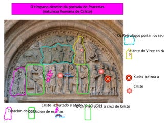 O tímpano dereito da portada de Praterías
                   (natureza humana de Cristo)




                                                              Os Reis Magos portan os seus



                                                                     diante da Virxe co Ne




                                                                         Xudas traizoa a

                                                                         Cristo




                   Cristo azoutado e atado na columna a cruz de Cristo
                                       O Cireneo porta
Curación do Coroación de espiñas
            cego
 