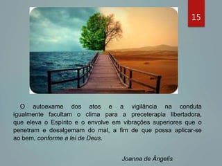 15
O autoexame dos atos e a vigilância na conduta
igualmente facultam o clima para a preceterapia libertadora,
que eleva o Espírito e o envolve em vibrações superiores que o
penetram e desalgemam do mal, a fim de que possa aplicar-se
ao bem, conforme a lei de Deus.
Joanna de Ângelis
 