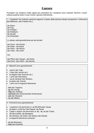 19
Il genere
Purtroppo non esistono molte regole per prevedere se i sostantivi sono maschili, feminili o neutri,
tuttavia qualche aiuto c’è per intuire il genere dell’articolo.
1 - I sostantivi che indicano persone seguono il sesso delle persone stesse (eccezione: il diminutivo
das Mädchen, das Fräulein etc.):
der Mann
die Frau
der Politiker
die Politikerin
der Bruder
die Schwester
Lo stesso vale generalmente per gli animali:
der Hund - die Hündin
der Kater - die Katze
der Hahn - die Henne
der Löwe - die Löwin
ma:
das Pferd (der Hengst - die Stute)
das Huhn (der Hahn - die Henne)
2 - Maschili sono generalmente:
 i giorni (der Tag)
 i mesi (der Januar etc.)
 le stagioni (der Sommer etc.)
 i venti (der Schirokko)
 i punti cardinali (der Norden)
 le pietre (der Granit)
 i nomi con le seguenti desinenze:
- ich (der Teppich)
- ig (der Honig)
- ling (der Zwilling)
- ant/-and (der Konsonant/der Konfirmand)
- ent (der Student)
- or (der Motor)
3 - Femminili sono generalmente:
 i sostantivi che terminano in -e (80-90%)(die Tasse)
 gli alberi e molti fiori (die Pappel, die Rose)
 i paesi o regioni che terminano in -ei, - ie, -e (die Türkei,
 die Normandie, die Bretagne)
 die Schweiz, die Arktis, die Sahara (die Wüste)
 le seguenti desinenze (sempre):
- ei (die Bücherei)
- heit (die Kindheit)
 