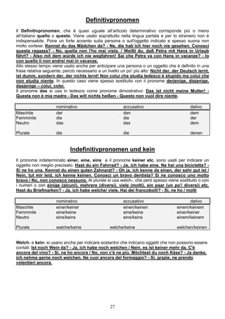 27
Definitivpronomen
Il Definitivpronomen, che è quasi uguale all’articolo determinativo corrisponde più o meno
all’italiano quello o questo. Viene usato soprattutto nella lingua parlata e per lo straniero non è
indispensabile. Pone un forte accento sulla persona o sull'oggetto indicato e spesso suona non
molto cortese: Kennst du das Mädchen da? - Ne, die hab`ich hier noch nie gesehen. Conosci
questa ragazza? - No, quella non l'ho mai vista. / Weißt du, daß Petra mit Hans in Urlaub
fährt? - Also mit dem würde ich nie wegfahren! Sai che Petra va con Hans in vacanze? - Io
con quello li non andrei mai in vacanze.
Allo stesso tempo viene usato anche per anticipare una persona o un oggetto che è definito in una
frase relativa seguente, perciò necessario a un livello un po’ più alto: Nicht der, der Deutsch lernt,
ist dumm, sondern der, der nichts lernt! Non colui che studia tedesco è stupido ma colui che
non studia niente. In questo caso viene spesso sostituito con il pronome derjenige, diejenige,
dasjenige – colui, colei.
Il pronome das si usa in tedesco come pronome dimostrativo: Das ist nicht meine Mutter! -
Questa non è mia madre - Das will nichts heißen - Questo non vuol dire niente.
nominativo accusativo dativo
Maschile der den dem
Femminile die die der
Neutro das das dem
Plurale die die denen
Indefinitivpronomen und kein
Il pronome indeterminato einer, eine, eins e il pronome keiner etc. sono usati per indicare un
oggetto non meglio precisato. Hast du ein Fahrrad? - Ja, ich habe eins. Ne hai una bicicletta? -
Si ne ho una. Kennst du einen guten Zahnarzt? - Oh ja, ich kenne da einen, der sehr gut ist /
Nein, tut mir leid, ich kenne keinen. Conosci un bravo dentista? Si ne conosco uno molto
bravo / No, non conosco nessuno. Al plurale si usa welch-, che però spesso viene sostituito o con
i numeri o con einige (alcuni), mehrere (diversi), viele (molti), ein paar (un po'/ diversi) etc.
Hast du Briefmarken? - Ja, ich habe welche/ viele. Hai dei francobolli? - Si, ne ho / molti
nominativo accusativo dativo
Maschile einer/keiner einen/keinen einem/keinem
Femminile eine/keine eine/keine einer/keiner
Neutro eins/keins eins/keins einem/keinem
Plurale welche/keine welche/keine welchen/keinen
Welch- e kein- si usano anche per indicare sostantivi che indicano oggetti che non possono essere
contati: Ist noch Wein da? - Ja, ich habe noch welchen / Nein, es ist keiner mehr da. C'è
ancora del vino? - Si, ne ho ancora / No, non c'è ne più. Möchtest du noch Käse? - Ja danke,
ich nehme gerne noch welchen. Ne vuoi ancora del formaggio? - Si, grazie, ne prendo
volentieri ancora.
 