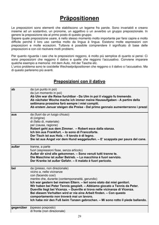 29
Präpositionen
Le preposizioni sono elementi che stabiliscono un legame fra parole. Sono invariabili e creano
insieme ad un sostantivo, un pronome, un aggettivo o un avverbio un gruppo preposizionale. In
genere la preposizione sta al primo posto di questo gruppo.
Sapere quale preposizione usare, è nello stesso momento molto importante per farsi capire e molto
difficile perché il loro uso cambia molto da lingua à lingua. Esistono molte espressioni con
preposizioni e molte eccezioni. Tuttavia è possibile comprendere il significato di base delle
preposizioni e con ció risolvere molti problemi.
Per quanto riguarda i casi che le preposizioni reggono, è molto più semplice di quanto si pensi: Ci
sono preposizioni che reggono il dativo e quelle che reggono l’accusativo. Conviene imparare
qualche esempio a memoria: mit dem Auto, mit der Tasche etc.
L’unico problema sono le cosìdette Wechselpräpositionen che reggono o il dativo o l’accusativo. Ma
di questo parleremo più avanti.
Preposizioni con il dativo
ab da (un punto in poi)
da (un momento in poi)
Ab Ulm war die Reise furchtbar - Da Ulm in poi il viaggio fu tremendo.
Ab nächster Woche mache ich immer meine Hausaufgaben - A partire della
settimana prossima farò sempre i miei compiti.
Ab erstem Januar steigen die Preise - Dal primo gennaio aumenterranno i prezzi
aus da (fuori da un luogo chiuso)
di (origine)
di (fatto di, materiale)
per (causa, ragione)
Robert geht aus dem Zimmer. – Robert esce dalla stanza.
Ich bin aus Frankfurt. – Io sono di Francoforte.
Der Tisch ist aus Holz. – Il tavolo è di legno.
Sie ist aus Angst vor dem Hund weggelaufen. – E’ scappata per paura del cane.
außer tranne, a parte
fuori (espressioni fisse, senza articolo)
Außer dir sind alle gekommen. – Sono venuti tutti tranne te.
Die Maschine ist außer Betrieb. – La macchina è fuori servizio.
Der Kranke ist außer Gefahr. – Il malato è fuori pericolo.
bei da (presso, non direzionale)
vicino a, nelle vicinanze
con (facendo cosí)
mentre che, durante (contemporaneitá, gerundio)
Ich war gestern bei meinen Eltern. – Ieri sono stato dai miei genitori.
Wir haben bei Peter Tennis gespielt. – Abbiamo giocato a Tennis da Peter.
Dueville liegt bei Vicenza. – Dueville si trova nelle vicinanze di Vicenza.
Bei diesem Verhalten wird er nie eine Arbeit finden. – Con questo
comportamento non troverà mai un lavoro.
Ich habe mir den Fuß beim Tanzen gebrochen. – Mi sono rotto il piede ballando.
gegenüber (spesso posposto)
di fronte (non direzionale)
 