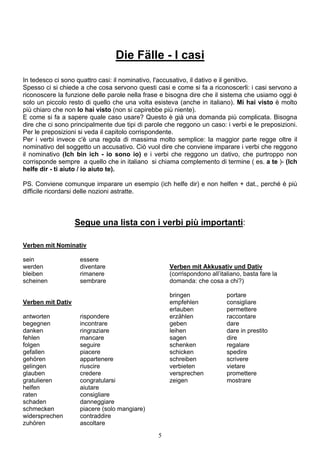 5
Die Fälle - I casi
In tedesco ci sono quattro casi: il nominativo, l'accusativo, il dativo e il genitivo.
Spesso ci si chiede a che cosa servono questi casi e come si fa a riconoscerli: i casi servono a
riconoscere la funzione delle parole nella frase e bisogna dire che il sistema che usiamo oggi è
solo un piccolo resto di quello che una volta esisteva (anche in italiano). Mi hai visto è molto
più chiaro che non Io hai visto (non si capirebbe più niente).
E come si fa a sapere quale caso usare? Questo è già una domanda più complicata. Bisogna
dire che ci sono principalmente due tipi di parole che reggono un caso: i verbi e le preposizioni.
Per le preposizioni si veda il capitolo corrispondente.
Per i verbi invece c'è una regola di massima molto semplice: la maggior parte regge oltre il
nominativo del soggetto un accusativo. Ciò vuol dire che conviene imparare i verbi che reggono
il nominativo (Ich bin ich - io sono io) e i verbi che reggono un dativo, che purtroppo non
corrisponde sempre a quello che in italiano si chiama complemento di termine ( es. a te )- (Ich
helfe dir - ti aiuto / io aiuto te).
PS. Conviene comunque imparare un esempio (ich helfe dir) e non helfen + dat., perché è più
difficile ricordarsi delle nozioni astratte.
Segue una lista con i verbi più importanti:
Verben mit Nominativ
sein essere
werden diventare
bleiben rimanere
scheinen sembrare
Verben mit Dativ
antworten rispondere
begegnen incontrare
danken ringraziare
fehlen mancare
folgen seguire
gefallen piacere
gehören appartenere
gelingen riuscire
glauben credere
gratulieren congratularsi
helfen aiutare
raten consigliare
schaden danneggiare
schmecken piacere (solo mangiare)
widersprechen contraddire
zuhören ascoltare
Verben mit Akkusativ und Dativ
(corrispondono all’italiano, basta fare la
domanda: che cosa a chi?)
bringen portare
empfehlen consigliare
erlauben permettere
erzählen raccontare
geben dare
leihen dare in prestito
sagen dire
schenken regalare
schicken spedire
schreiben scrivere
verbieten vietare
versprechen promettere
zeigen mostrare
 