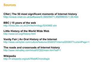 Sources CNet | The 50 most significant moments of Internet history http://crave.cnet.co.uk/software/0,39029471,49299033-1,00.htm BBC | 15 years of the web http://news.bbc.co.uk/2/hi/technology/5243862.stm Little History of the World Wide Web http://www.w3.org/History.html Vanity Fair | An Oral History of the Internet http://www.vanityfair.com/culture/features/2008/07/internet200807?currentPage=1 The roads and crossroads of Internet history http://www.netvalley.com/intval/07262/main.htm?sdf=1 Wikipedia http://fr.wikipedia.org/wiki/Web#Chronologie 