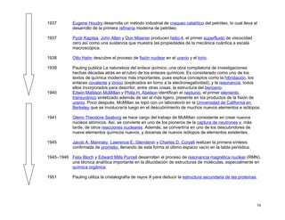 1937        Eugene Houdry desarrolla un método industrial de craqueo catalítico del petróleo, lo cual lleva al
            desarrollo de la primera refinería moderna de petróleo.

1937        Pyotr Kapitsa, John Allen y Don Misener producen helio-4, el primer superfluido de viscocidad
            cero así como una sustancia que muestra las propiedades de la mecánica cuántica a escala
            macroscópica.

1938        Otto Hahn descubre el proceso de fisión nuclear en el uranio y el torio.

1939        Pauling publica La naturaleza del enlace químico, una obra compilatoria de investigaciones
            hechas décadas atrás en el rubro de los enlaces químicos. Es considerado como uno de los
            textos de química modernos más importantes, pues explica conceptos como la hibridación, los
            enlaces covalente y iónico (explicados en torno a la electronegatividad), y la resonancia, todos
            ellos incorporados para describir, entre otras cosas, la estructura del benceno.
1940        Edwin Mattison McMillan y Philip H. Abelson identifican el neptunio, el primer elemento
            transuránico sintetizado además de ser el más ligero, presente en los productos de la fisión de
            uranio. Poco después, McMillan se topó con un laboratorio en la Universidad de California en
            Berkeley que se involucraría luego en el descubrimiento de muchos nuevos elementos e isótopos.

1941        Glenn Theodore Seaborg se hace cargo del trabajo de McMillan consistente en crear nuevos
            núcleos atómicos. Así, se convierte en uno de los pioneros de la captura de neutrones y, más
            tarde, de otros reacciones nucleares. Además, se convertiría en uno de los descubridores de
            nueve elementos químicos nuevos, y docenas de nuevos isótopos de elementos existentes.

1945        Jacob A. Marinsky, Lawrence E. Glendenin y Charles D. Coryell realizan la primera síntesis
            confirmada de prometio, llenando de esta forma el último espacio vacío en la tabla periódica.

1945–1946 Felix Bloch y Edward Mills Purcell desarrollan el proceso de resonancia magnética nuclear (RMN),
          una técnica analítica importante en la dilucidación de estructuras de moléculas, especialmente en
          química orgánica.

1951        Pauling utiliza la cristalografía de rayos X para deducir la estructura secundaria de las proteínas.




                                                                                                               15
 