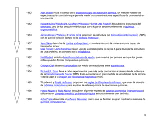 1952   Alan Walsh inicia el campo de la espectroscopia de absorción atómica, un método notable de
       espectroscopia cuantitativa que permite medir las concentraciones específicas de un material en
       una mezcla.

1952   Robert Burns Woodward, Geoffrey Wilkinson y Ernst Otto Fischer descubren la estructura del
       ferroceno, uno de los descubrimientos que daría lugar al establecimiento de la química
       organometálica.

1953   James Dewey Watson y Francis Crick proponen la estructura del ácido desoxirribonucleico (ADN),
       con lo que se funda el campo de la biología molecular.

1957   Jens Skou descubre la bomba sodio-potasio, considerada como la primera enzima capaz de
       transportar iones.
1958   Max Perutz y John Kendrew hacen uso de la cristalografía de rayos X para dilucidar la estructura
       de una proteína, en concreto de la mioglobina.

1962   Neil Bartlett sintetiza hexafluoroplatinato de xenón, que muestra por primera vez que los gases
       nobles pueden formar compuestos químicos.

1962   George Olah observa carbocatión por medio de reacciones entre superácidos.

1964   Richard R. Ernst lleva a cabo experimentos que más tarde conducirán al desarrollo de la técnica
       de la transformada de Fourier RMN. Esto aumentaría en gran medida la sensibilidad de la técnica,
       y daría lugar a la imagen por resonancia magnética (IRM).

1965   Woodward y Roald Hoffmann proponen las reglas de Woodward-Hoffmann, que usan la simetría
       de orbitales moleculares para explicar la estereoquímica de reacciones químicas.

1966   Hotosi Nozaki y Ryōji Noyori descubren el primer modelo de catálisis asimétrica (hidrogenación)
       utilizando un complejo metálico de transición quiral estructuralmente bien definido.

1970   John Pople desarrolla el software Gaussian con lo que se facilitan en gran medida los cálculos de
       química computacional.




                                                                                                         16
 