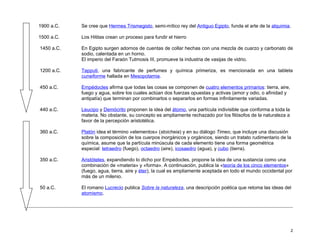 1900 a.C.   Se cree que Hermes Trismegisto, semi-mítico rey del Antiguo Egipto, funda el arte de la alquimia.

1500 a.C.   Los Hititas crean un proceso para fundir el hierro

1450 a.C.   En Egipto surgen adornos de cuentas de collar hechas con una mezcla de cuarzo y carbonato de
            sodio, calentada en un horno.
            El imperio del Faraón Tutmosis III, promueve la industria de vasijas de vidrio.

1200 a.C.   Tapputi, una fabricante de perfumes y química primeriza, es mencionada en una tableta
            cuneiforme hallada en Mesopotamia.

450 a.C.    Empédocles afirma que todas las cosas se componen de cuatro elementos primarios: tierra, aire,
            fuego y agua, sobre los cuales actúan dos fuerzas opuestas y activas (amor y odio, o afinidad y
            antipatía) que terminan por combinarlos o separarlos en formas infinitamente variadas.

440 a.C.    Leucipo y Demócrito proponen la idea del átomo, una partícula indivisible que conforma a toda la
            materia. No obstante, su concepto es ampliamente rechazado por los filósofos de la naturaleza a
            favor de la percepción aristotélica.

360 a.C.    Platón idea el término «elementos» (stoicheia) y en su diálogo Timeo, que incluye una discusión
            sobre la composición de los cuerpos inorgánicos y orgánicos, siendo un tratato rudimentario de la
            química, asume que la partícula minúscula de cada elemento tiene una forma geométrica
            especial: tetraedro (fuego), octaedro (aire), icosaedro (agua), y cubo (tierra).

350 a.C.    Aristóteles, expandiendo lo dicho por Empédocles, propone la idea de una sustancia como una
            combinación de «materia» y «forma». A continuación, publica la «teoría de los cinco elementos»
            (fuego, agua, tierra, aire y éter), la cual es ampliamente aceptada en todo el mundo occidental por
            más de un milenio.

50 a.C.     El romano Lucrecio publica Sobre la naturaleza, una descripción poética que retoma las ideas del
            atomismo.




                                                                                                               2
 