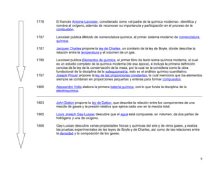 1778   El francés Antoine Lavoisier, considerado como «el padre de la química moderna», identifica y
       nombra al oxígeno, además de reconocer su importancia y participación en el proceso de la
       combustión.

1787   Lavoisier publica Método de nomenclatura química, el primer sistema moderno de nomenclatura
       química.

1787   Jacques Charles propone la ley de Charles, un corolario de la ley de Boyle, donde describe la
       relación entre la temperatura y el volumen de un gas.

1789   Lavoisier publica Elementos de química, el primer libro de texto sobre química moderna, el cual
       es un estudio completo de la química moderna (de esa época), e incluye la primera definición
       concisa de la ley de la conservación de la masa, por la cual se la considera como la obra
       fundacional de la disciplina de la estequiometría, esto es el análisis químico cuantitativo.
1797   Joseph Proust propone la ley de las proporciones constantes, la cual menciona que los elementos
       siempre se combinan en proporciones pequeñas y enteras para formar compuestos.

1800   Alessandro Volta elabora la primera batería química, con lo que funda la disciplina de la
       electroquímica.


1803   John Dalton propone la ley de Dalton, que describe la relación entre los componentes de una
       mezcla de gases y la presión relativa que ejerce cada uno en la mezcla total.

1805   Louis Joseph Gay-Lussac descubre que el agua está compuesta, en volumen, de dos partes de
       hidrógeno y una de oxígeno.

1808   Gay-Lussac descubre varias propiedades físicas y químicas del aire y de otros gases, y realiza
       las pruebas experimentales de las leyes de Boyle y de Charles, así como de las relaciones entre
       la densidad y la composición de los gases.




                                                                                                         6
 