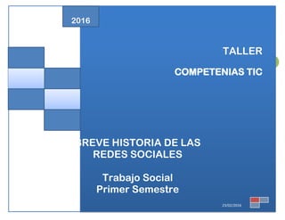 1
TALLER
COMPETENIAS TIC
2016
23/02/2016
BREVE HISTORIA DE LAS
REDES SOCIALES
Trabajo Social
Primer Semestre
 