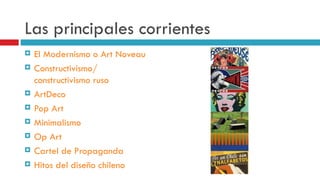 Las principales corrientes El Modernismo o  Art   Noveau Constructivismo/  constructivismo  ruso ArtDeco Pop  Art Minimalismo Op   Art Cartel de Propaganda Hitos del diseño chileno 