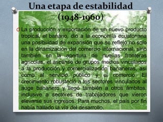 Una etapa de estabilidad
(1948-1960)
O La producción y exportación de un nuevo producto
tropical, el banano, dio a la economía ecuatoriana
una posibilidad de expansión que se reflejó no solo
en la dinamización del comercio internacional, sino
también en la apertura de nuevas fronteras
agrícolas, el ascenso de grupos medios vinculados
a la producción y comercialización bananeras, así
como al servicio público y el comercio. El
crecimiento robusteció a los sectores vinculados al
auge bananero y llegó también a otros ámbitos,
inclusive a sectores de trabajadores que vieron
elevarse sus ingresos. Para muchos, el país por fin
había hallado la vía del desarrollo.
 