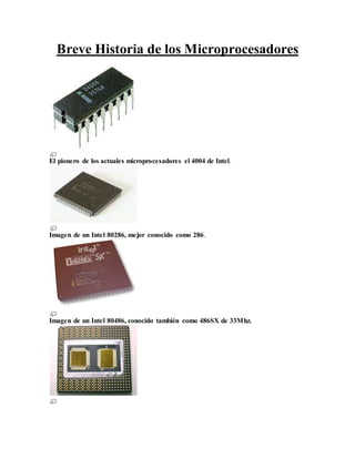 Breve Historia de los Microprocesadores
El pionero de los actuales microprocesadores el 4004 de Intel.
Imagen de un Intel 80286, mejor conocido como 286.
Imagen de un Intel 80486, conocido también como 486SX de 33Mhz.
 