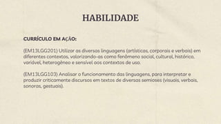 HABILIDADE
CURRÍCULO EM AÇÃO:
(EM13LGG201) Utilizar as diversas linguagens (artísticas, corporais e verbais) em
diferentes contextos, valorizando-as como fenômeno social, cultural, histórico,
variável, heterogêneo e sensível aos contextos de uso.
(EM13LGG103) Analisar o funcionamento das linguagens, para interpretar e
produzir criticamente discursos em textos de diversas semioses (visuais, verbais,
sonoras, gestuais).
 