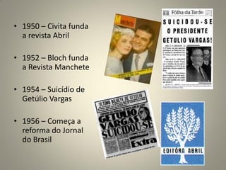 • 1950 – Civita funda
a revista Abril
• 1952 – Bloch funda
a Revista Manchete
• 1954 – Suicídio de
Getúlio Vargas
• 1956 – Começa a
reforma do Jornal
do Brasil
 