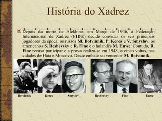 Depois da morte de Alekhine, em Março de 1946, a Federação
Internacional de Xadrez (FIDE) decide convidar os seis principais
jogadores da época: os russos M. Botvinnik, P. Keres e V. Smyslov, os
americanos S. Reshevsky e R. Fine e o holandês M. Euwe. Contudo, R.
Fine recusa participar e a prova realiza-se em 1948, a cinco voltas, nas
cidades de Haia e Moscovo. Deste embate sai vencedor M. Botvinnik.
História do Xadrez
Botvinnik Keres Smyslov Reshevsky Fine Euwe
 