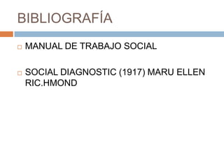 BIBLIOGRAFÍA<br />MANUAL DE TRABAJO SOCIAL<br />SOCIAL DIAGNOSTIC (1917) MARU ELLEN RIC.HMOND<br />