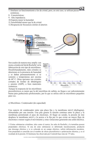 143
7.	Similares en funcionamiento a los de cristal, pero, en este caso, se utilizan piezas
   cerámicas.
8.	 Características:
9.	 Alta impedancia.
10.	 oporta mejor la humedad.
    S
11.	 ensibilidad menor que la de cristal.
    S
12.	 espuesta de frecuencia similar al anterior.
    R




Son usados de manera muy amplia son
mono-cristales de Sal de Rochelle1 en la
fabricación de este tipo de micrófonos.
Desafortunadamente, tales cristales se
deterioran en la presencia de humedad
y se dañan permanentemente si se
someten a temperaturas por encima
de 46º C. Otras opciones son cristales
cortados de fosfato de dihidrógeno
y amonio (ADP), o bien materiales
cerámicos.
Aunque la respuesta de los micrófonos
piezoeléctricos es mejor que la del micrófono de carbón, no llegue a ser suficientemente
buena para grabaciones profesionales, por lo que se utiliza sólo en micrófonos pequeños
para voz.


e) Micrófonos Condensador (de capacidad)


Una especie de condensador entre una placa fija y la membrana móvil (diafragma),
alimentadas por una tensión. Una pila genera la tensión continua entre la placa y la
membrana permitiendo el paso de electrones. Al llegar un sonido, la presión de éste
desplaza la membrana móvil y la acerca a la fija por lo que existe un mayor flujo de
electrones o menor según el movimiento y estas variaciones generarán una señal eléctrica.

1 Ciertas substancias cristalinas, tales como el cuarzo, las sales de Rochelle y la turmalina poseen
propiedades eléctricas. Si una de estas substancias es deformada mecánicamente, producirá
una descarga eléctrica y si es colocada en un campo eléctrico, sufrirá deformación mecánica.
Esta propiedad es conocida con el nombre de efecto piezoeléctrico o polarización eléctrica, y es el
resultado de la presión. El fenómeno fue observado por Coulomb hace más de 175 años. 
                   ALFONSO GOMEZ HERRERA
 