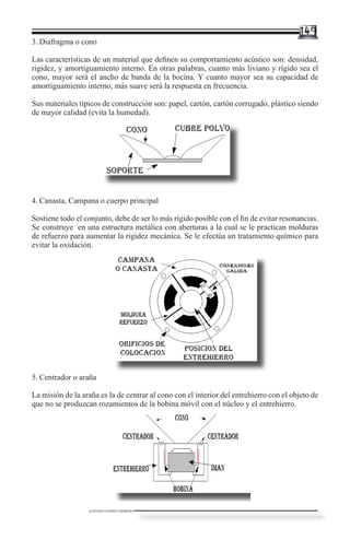 149
3.	Diafragma o cono

Las características de un material que definen su comportamiento acústico son: densidad,
rigidez, y amortiguamiento interno. En otras palabras, cuanto más liviano y rígido sea el
cono, mayor será el ancho de banda de la bocina. Y cuanto mayor sea su capacidad de
amortiguamiento interno, más suave será la respuesta en frecuencia.

Sus materiales típicos de construcción son: papel, cartón, cartón corrugado, plástico siendo
de mayor calidad (evita la humedad).




4.	Canasta, Campana o cuerpo principal

Sostiene todo el conjunto, debe de ser lo más rígido posible con el fin de evitar resonancias.
Se construye en una estructura metálica con aberturas a la cual se le practican molduras
de refuerzo para aumentar la rigidez mecánica. Se le efectúa un tratamiento químico para
evitar la oxidación.




5.	Centrador o araña

La misión de la araña es la de centrar al cono con el interior del entrehierro con el objeto de
que no se produzcan rozamientos de la bobina móvil con el núcleo y el entrehierro.




                  ALFONSO GOMEZ HERRERA
 