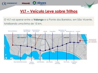 VLT – Veículo Leve sobre Trilhos

O VLT vai operar entre o Valongo e a Ponte dos Barreiros, em São Vicente,
totalizando uma linha de 15 km.

                             Transferência   Nossa Senhora                                Bernardino de
   Terminal Barreiros         São Vicente     das Graças        Itararé    Orquidário       Campos Washington Luiz   Lusíadas




                                                                                                                                 Terminal Porto
                                                                                                                                 com extensão
                                                                                                                                até o VALONGO




              Mascarenhas de Moraes     Antônio      José Monteiro   João Ribeiro    Pinheiro    Ana Costa   Conselheiro
                                       Emmerick                                     Machado                    Nébias
 