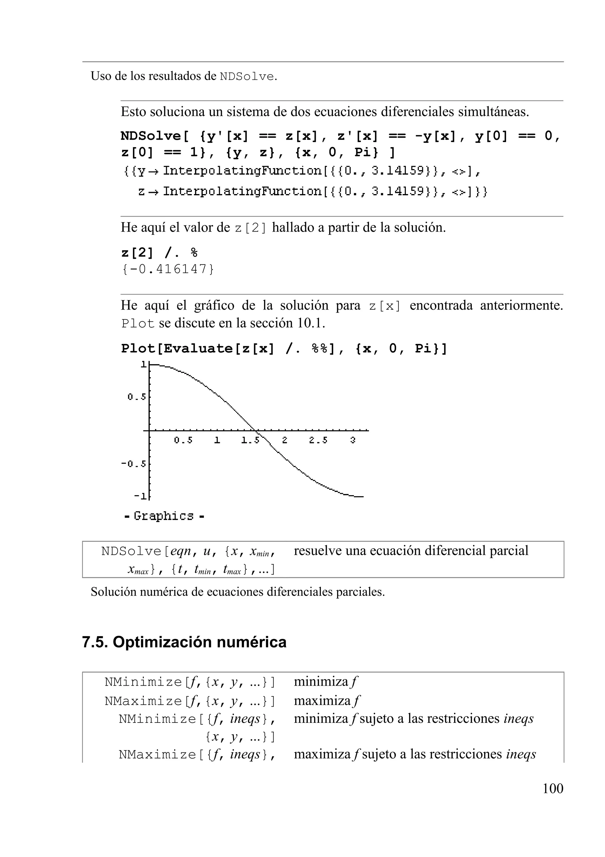 Uso de los resultados de NDSolve.
Esto soluciona un sistema de dos ecuaciones diferenciales simultáneas.
NDSolve[ {y'[x] == z[x], z'[x] == -y[x], y[0] == 0,
z[0] == 1}, {y, z}, {x, 0, Pi} ]
He aquí el valor de z[2] hallado a partir de la solución.
z[2] /. %
{-0.416147}
He aquí el gráfico de la solución para z[x] encontrada anteriormente.
Plot se discute en la sección 10.1.
Plot[Evaluate[z[x] /. %%], {x, 0, Pi}]
NDSolve[eqn, u, {x, xmin,
xmax}, {t, tmin, tmax},...]
resuelve una ecuación diferencial parcial
Solución numérica de ecuaciones diferenciales parciales.
7.5. Optimización numérica
NMinimize[f,{x, y, ...}] minimiza f
NMaximize[f,{x, y, ...}] maximiza f
NMinimize[{f, ineqs},
{x, y, ...}]
minimiza f sujeto a las restricciones ineqs
NMaximize[{f, ineqs}, maximiza f sujeto a las restricciones ineqs
100
 