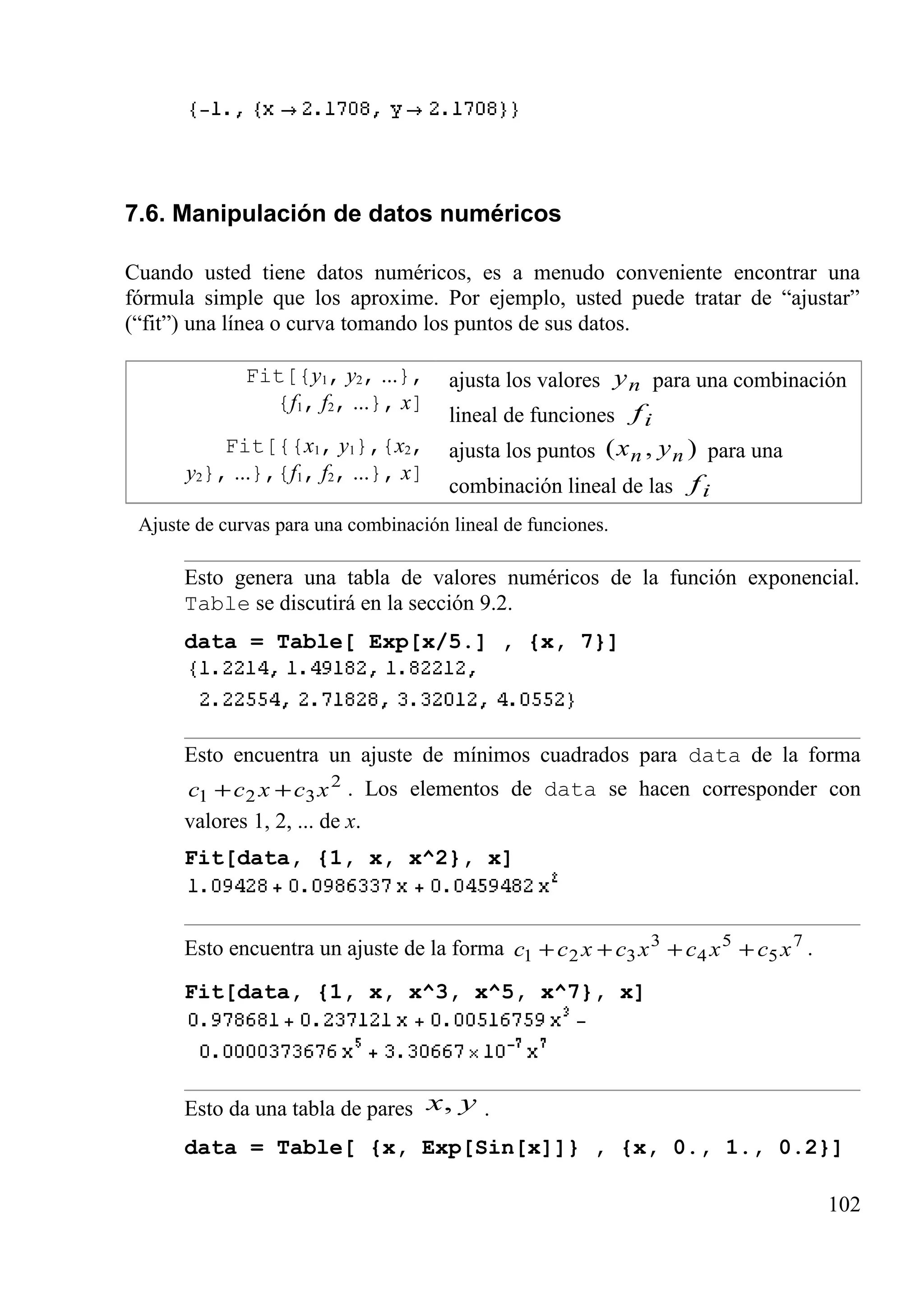 7.6. Manipulación de datos numéricos
Cuando usted tiene datos numéricos, es a menudo conveniente encontrar una
fórmula simple que los aproxime. Por ejemplo, usted puede tratar de “ajustar”
(“fit”) una línea o curva tomando los puntos de sus datos.
Fit[{y1, y2, ...},
{f1, f2, ...}, x]
ajusta los valores ny para una combinación
lineal de funciones if
Fit[{{x1, y1},{x2,
y2}, ...},{f1, f2, ...}, x]
ajusta los puntos ),( nn yx para una
combinación lineal de las if
Ajuste de curvas para una combinación lineal de funciones.
Esto genera una tabla de valores numéricos de la función exponencial.
Table se discutirá en la sección 9.2.
data = Table[ Exp[x/5.] , {x, 7}]
Esto encuentra un ajuste de mínimos cuadrados para data de la forma
2
321 xcxcc ++ . Los elementos de data se hacen corresponder con
valores 1, 2, ... de x.
Fit[data, {1, x, x^2}, x]
Esto encuentra un ajuste de la forma 7
5
5
4
3
321 xcxcxcxcc ++++ .
Fit[data, {1, x, x^3, x^5, x^7}, x]
Esto da una tabla de pares yx, .
data = Table[ {x, Exp[Sin[x]]} , {x, 0., 1., 0.2}]
102
 