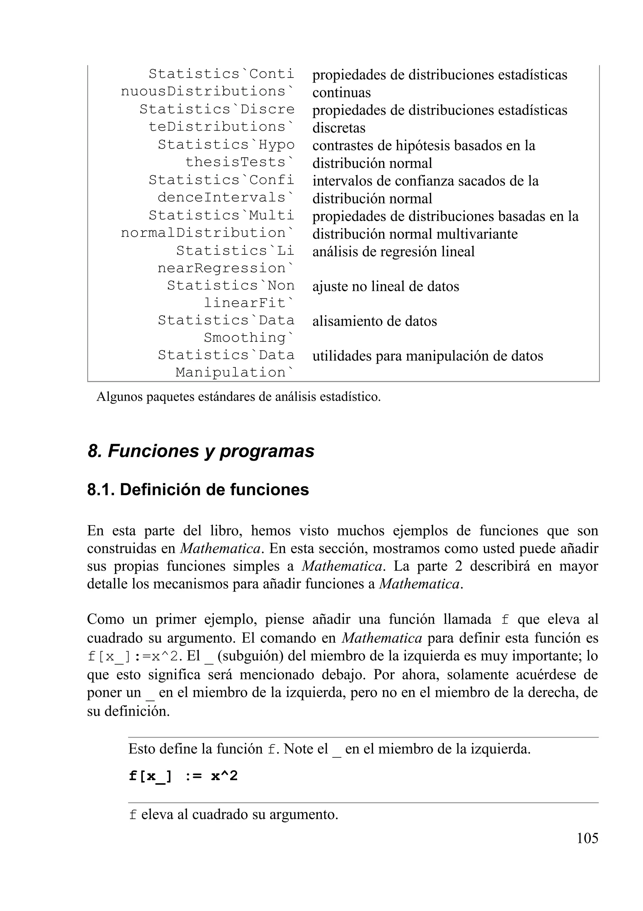 Statistics`Conti
nuousDistributions`
propiedades de distribuciones estadísticas
continuas
Statistics`Discre
teDistributions`
propiedades de distribuciones estadísticas
discretas
Statistics`Hypo
thesisTests`
contrastes de hipótesis basados en la
distribución normal
Statistics`Confi
denceIntervals`
intervalos de confianza sacados de la
distribución normal
Statistics`Multi
normalDistribution`
propiedades de distribuciones basadas en la
distribución normal multivariante
Statistics`Li
nearRegression`
análisis de regresión lineal
Statistics`Non
linearFit`
ajuste no lineal de datos
Statistics`Data
Smoothing`
alisamiento de datos
Statistics`Data
Manipulation`
utilidades para manipulación de datos
Algunos paquetes estándares de análisis estadístico.
8. Funciones y programas
8.1. Definición de funciones
En esta parte del libro, hemos visto muchos ejemplos de funciones que son
construidas en Mathematica. En esta sección, mostramos como usted puede añadir
sus propias funciones simples a Mathematica. La parte 2 describirá en mayor
detalle los mecanismos para añadir funciones a Mathematica.
Como un primer ejemplo, piense añadir una función llamada f que eleva al
cuadrado su argumento. El comando en Mathematica para definir esta función es
f[x_]:=x^2. El _ (subguión) del miembro de la izquierda es muy importante; lo
que esto significa será mencionado debajo. Por ahora, solamente acuérdese de
poner un _ en el miembro de la izquierda, pero no en el miembro de la derecha, de
su definición.
Esto define la función f. Note el _ en el miembro de la izquierda.
f[x_] := x^2
f eleva al cuadrado su argumento.
105
 